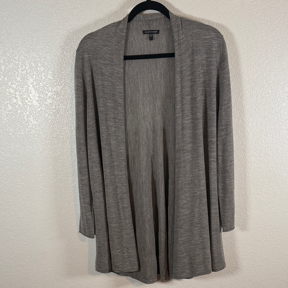 Eileen Fisher Gray Merino Wool Long Line Lightweight Cardigan Size Large